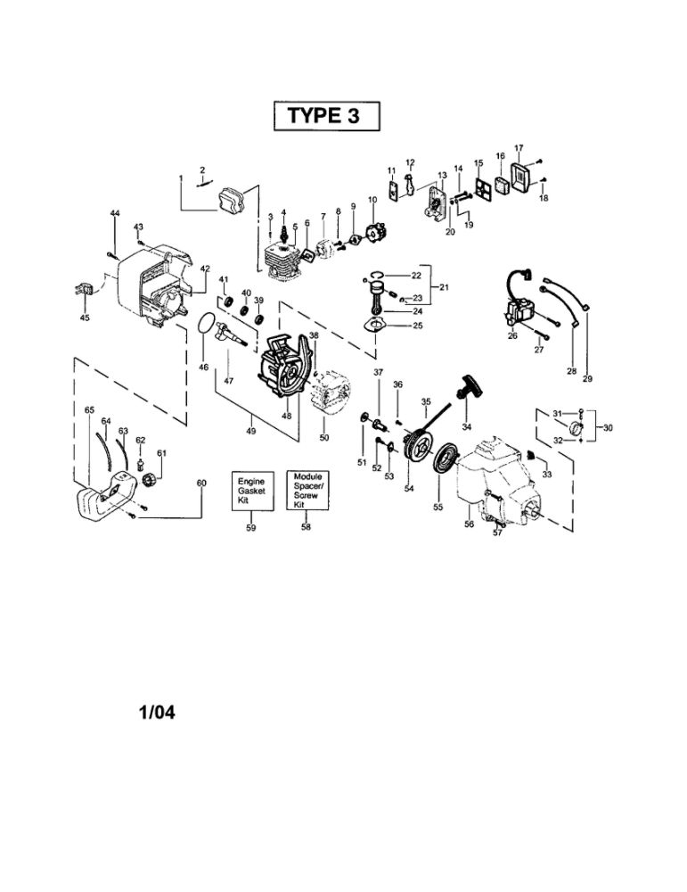 Crankcase/Crankshaft Diagram and Parts List for FEATHERLITE SST 25HO Type 3 Weed Eater Trimmer